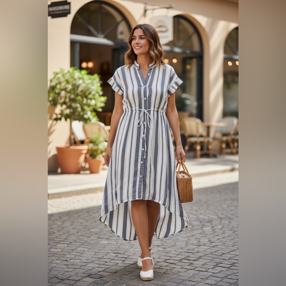 Striped Button-Front Shirt Dress in Navy and Ivory